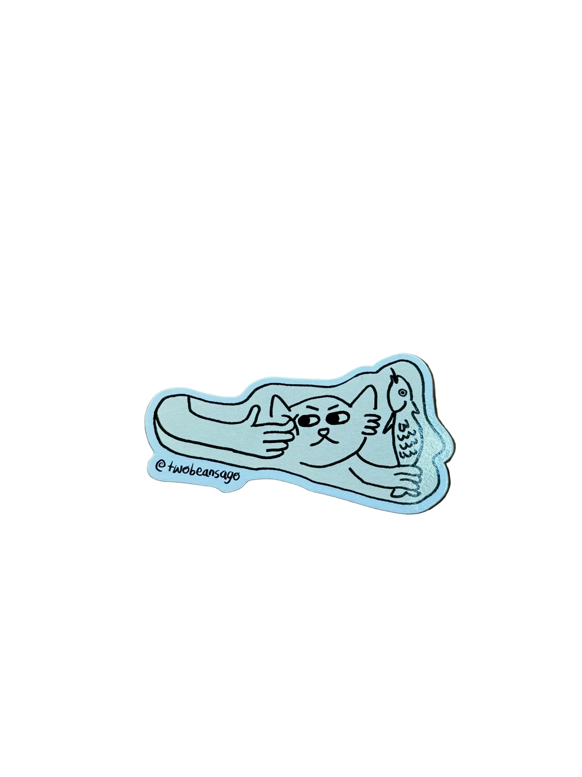 A die-cut sticker featuring a cat holding a fish and the cat is getting poked by a human finger.
