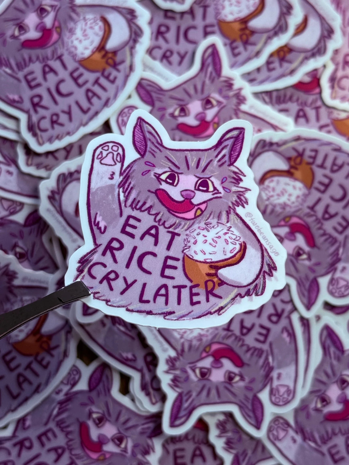 A die-cut sticker featuring a cartoon cat holding an ice cream cone with the text 'EAT RICE CRY LATER' 